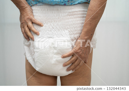 Asian senior woman patient wearing incontinence diaper. 132044343