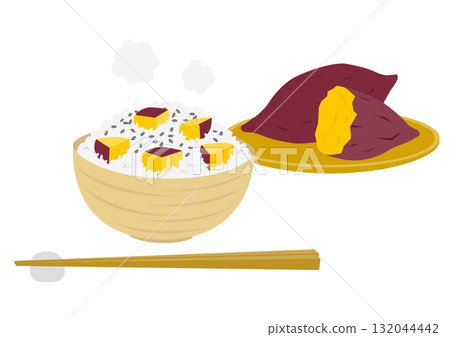 碗裝地瓜飯和籃子裝地瓜的插圖 132044442