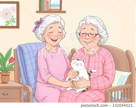 Grandmother reunited with her grandson in a nursing home, cat on her lap, smiling gently, heartwarming scene, bright interior 132044521