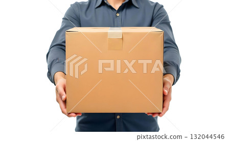 A man with a brown box labeled for a sale, symbolizing the excitement of Cyber Monday and small business Saturday shopping 132044546