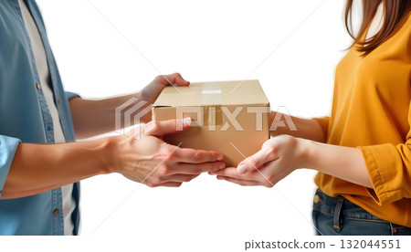 A man and woman are holding a box together, celebrating discounts during Black Friday and small business Saturday 132044551