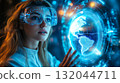 A woman wearing VR glasses interacts with a holographic globe. Generative Ai. 132044711