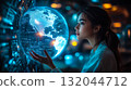 A woman wearing VR glasses interacts with a holographic globe. Generative Ai. 132044712