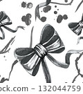 Bows. Monochrome. Seamless pattern with ink stains. Hand-drawn watercolor illustration isolated on a white background. For textiles, fabrics, and wallpaper. 132044759