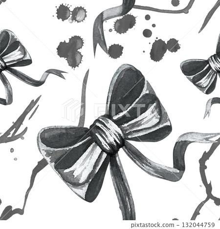 Bows. Monochrome. Seamless pattern with ink stains. Hand-drawn watercolor illustration isolated on a white background. For textiles, fabrics, and wallpaper. Bows. Monochrome. Seamless pattern with ink stains. Hand-drawn watercolor illustration isolated on a white background. For textiles, fabrics, and wallpaper. 132044759