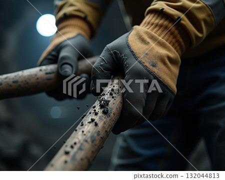 Close-up of gloved hands holding a pile of clear, melted glass fragments for industrial recycling under bright sunlight. 132044813