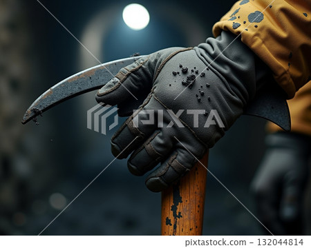 Close-up of a miner in a dark safety glove holding a pickaxe handle, with coal debris on the back of the hand inside a mine. 132044814