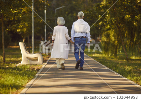 Senior couple rear view enjoying calm walk in park, holding hands close, romantic holiday together  132044958