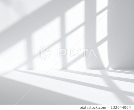 Digital geometric architecture concept: futuristic empty room interior design with white walls and blue light window structure illustration 132044964