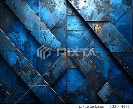 Antique, richly textured old wooden door with an intricate metal design and a colorful stained glass window detail 132044981