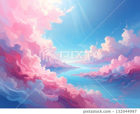 Vibrant summer sunset over the lake with clouds reflecting on the still water and sky ablaze in pink and purple beauty Vibrant summer sunset over the lake with clouds reflecting on the still water and sky ablaze in pink and purple beauty 132044997