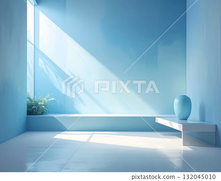 Blue empty room interior design with bright sunlight from a large window showing a clear sky and clouds 132045010