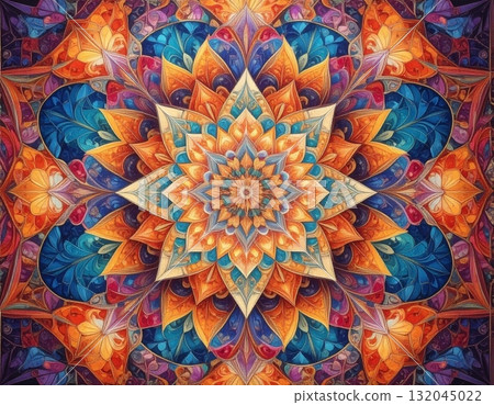 Abstract seamless floral stained glass pattern with colorful flowers, leaves, and vintage texture Abstract seamless floral stained glass pattern with colorful flowers, leaves, and vintage texture 132045022