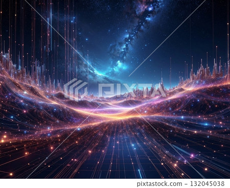 Virtual fractal realms of glowing energy and dark technology form an abstract science pattern backdrop 132045038