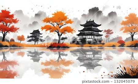 Watercolor painting of a serene autumn river scene with vibrant trees, perfect for wall art or background decor Watercolor painting of a serene autumn river scene with vibrant trees, perfect for wall art or background decor 132045079