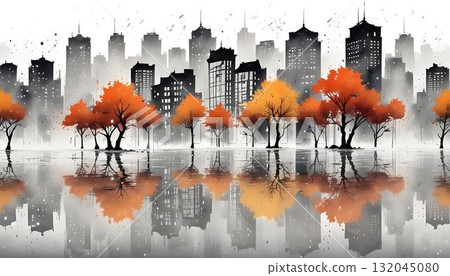 Watercolor scene of a city in fall, showcasing trees and buildings, designed for wall art or as a background element 132045080