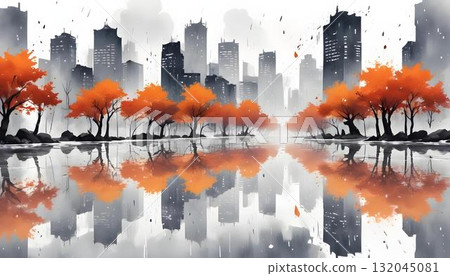 Vibrant autumn city illustration featuring trees and buildings in watercolor, suitable for wall art or decorative backgrounds 132045081