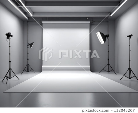 3D render of an empty white room, a bright architectural gallery with a blank wall, floor, and a single light source 132045207
