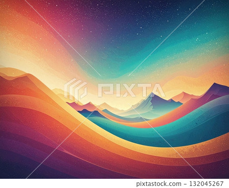 Vibrant sunset landscape view: a fiery sun dips below the blue mountain range, silhouetting peaks against a cloudy sky Vibrant sunset landscape view: a fiery sun dips below the blue mountain range, silhouetting peaks against a cloudy sky 132045267