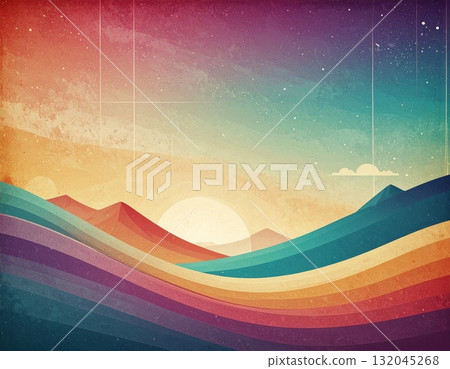 Vibrant sunset landscape view: a fiery sun dips below the blue mountain range, silhouetting peaks against a cloudy sky Vibrant sunset landscape view: a fiery sun dips below the blue mountain range, silhouetting peaks against a cloudy sky 132045268