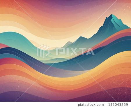 Vibrant sunset landscape view: a fiery sun dips below the blue mountain range, silhouetting peaks against a cloudy sky 132045269
