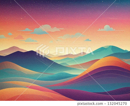 Vibrant sunset landscape view: a fiery sun dips below the blue mountain range, silhouetting peaks against a cloudy sky Vibrant sunset landscape view: a fiery sun dips below the blue mountain range, silhouetting peaks against a cloudy sky 132045270