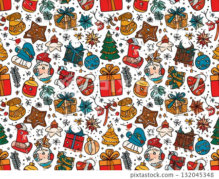 Christmas seamless pattern with gold and green balls, bows, and a celebratory winter ornament vector set for the season's decoration 132045348