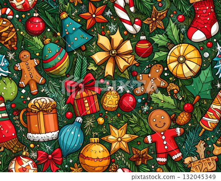 Christmas seamless pattern with gold and green balls, bows, and a celebratory winter ornament vector set for the season's decoration Christmas seamless pattern with gold and green balls, bows, and a celebratory winter ornament vector set for the season's decoration 132045349