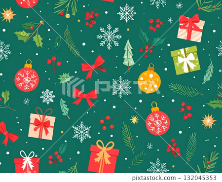 Seamless pattern with Christmas elements like snowflakes and gift boxes, perfect for a winter holiday background, card, or wallpaper design 132045353
