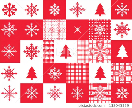 Christmas seamless pattern vector illustration is a decorative holiday design featuring Christmas trees, snowflakes, and stars on a green background, perfect for winter wallpaper or wrapping paper 132045359