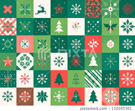 Christmas seamless pattern vector illustration is a decorative holiday design featuring Christmas trees, snowflakes, and stars on a green background, perfect for winter wallpaper or wrapping paper 132045361