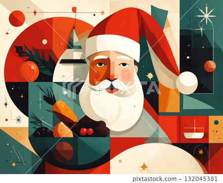 Merry Santa Claus cartoon illustration of the holiday season with a Christmas tree, gifts, and snow decoration 132045381