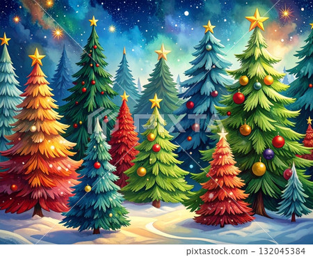 Vector illustration of a green Christmas tree with snow and a star for your winter holiday celebration card set 132045384