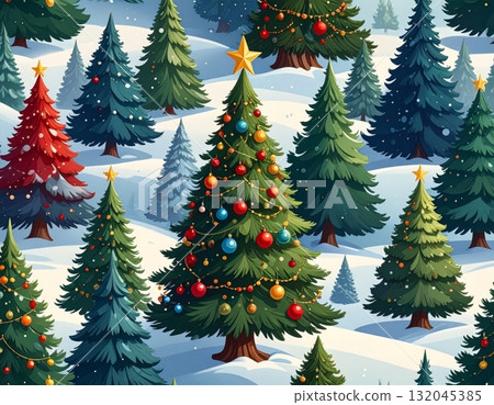 Vector illustration of a green Christmas tree with snow and a star for your winter holiday celebration card set 132045385