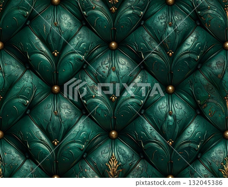 Antique green leather upholstery with a deep button texture creates a vintage luxury sofa design for a stylish interior 132045386