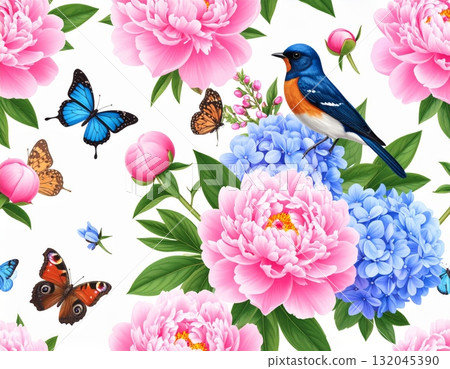 A beautiful seamless floral pattern features pink roses and peonies, evoking the beauty of a spring garden blossom 132045390