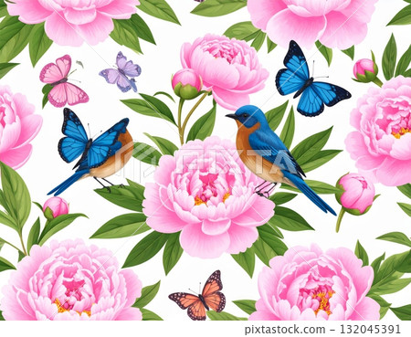 A beautiful seamless floral pattern features pink roses and peonies, evoking the beauty of a spring garden blossom 132045391