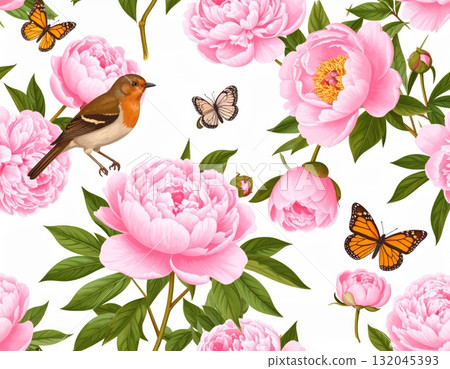 A beautiful seamless floral pattern features pink roses and peonies, evoking the beauty of a spring garden blossom 132045393