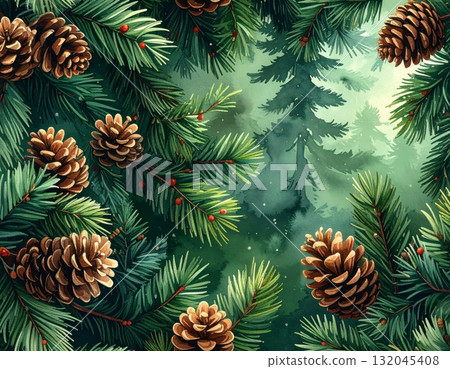 Winter holiday background of evergreen fir and pine branches with cones and snow for Christmas and New Year decoration Winter holiday background of evergreen fir and pine branches with cones and snow for Christmas and New Year decoration 132045408