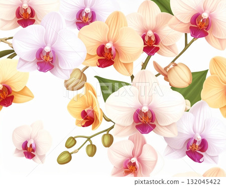 Seamless yellow flower pattern background with pink orchid blossom, vector illustration design 132045422