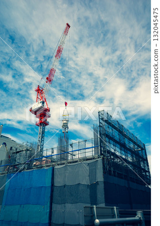Apartment building and tower crane e-3 Warm and cool colors Apartment building and tower crane e-3 Warm and cool colors 132045475