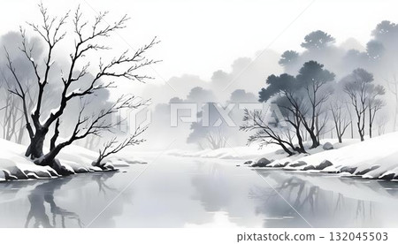 Peaceful winter scene with snow-laden trees and calm water, illustrated in a delicate watercolor style for wall art Peaceful winter scene with snow-laden trees and calm water, illustrated in a delicate watercolor style for wall art 132045503