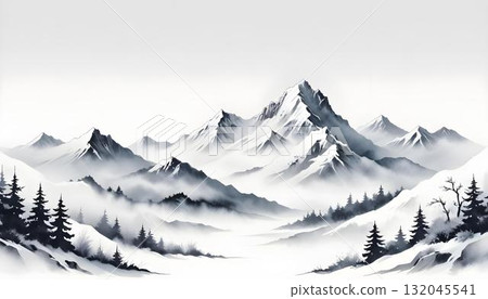 Watercolor painting of a snowy mountain range with trees, depicting a serene winter landscape for wall art 132045541