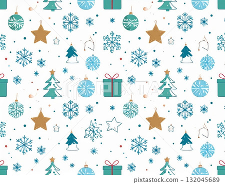 A colorful vector illustration of a Christmas seamless pattern featuring a fir tree decorated with gifts, snow, and a star for winter holiday celebration 132045689