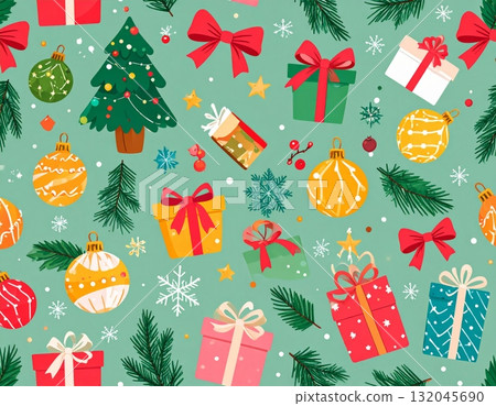 A colorful vector illustration of a Christmas seamless pattern featuring a fir tree decorated with gifts, snow, and a star for winter holiday celebration A colorful vector illustration of a Christmas seamless pattern featuring a fir tree decorated with gifts, snow, and a star for winter holiday celebration 132045690