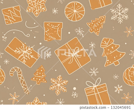 A colorful vector illustration of a Christmas seamless pattern featuring a fir tree decorated with gifts, snow, and a star for winter holiday celebration A colorful vector illustration of a Christmas seamless pattern featuring a fir tree decorated with gifts, snow, and a star for winter holiday celebration 132045691