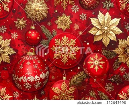 Golden Christmas balls and snowflake decorations on a festive winter season background for a holiday celebration 132045698