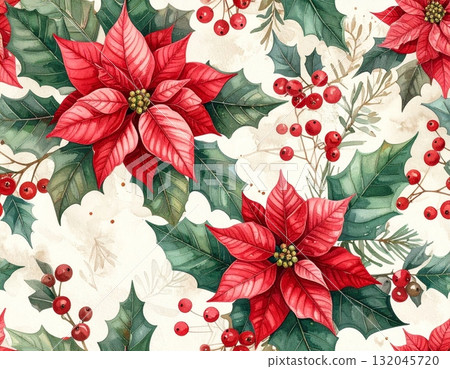 This Christmas seamless pattern features festive red poinsettia flowers and green leaves for a vibrant holiday background decoration This Christmas seamless pattern features festive red poinsettia flowers and green leaves for a vibrant holiday background decoration 132045720