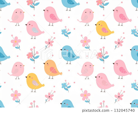 Cute cartoon seamless vector pattern set with birds, flowers, and nature elements for baby decoration design 132045740