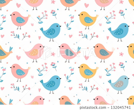 Cute cartoon seamless vector pattern set with birds, flowers, and nature elements for baby decoration design 132045741